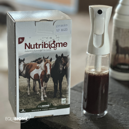 foder utan stärkelse, utan stärkelse, Nutribiome är ett flytande probiotikatillskott, flytande probiotika, diarré, magsår. för magsår, travhästar, träna travhäst, hopptävling, mugg, höhosta, hösporer, behandla hösporer, få hästen att dricka mer,